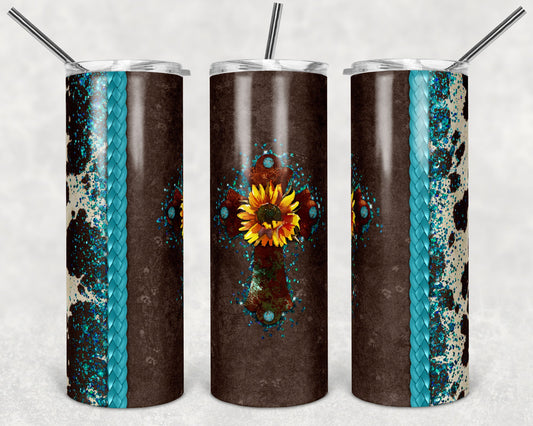 Western Glitter Patina Turquoise Sunflower Cross - Adhesive Vinyl Wrap