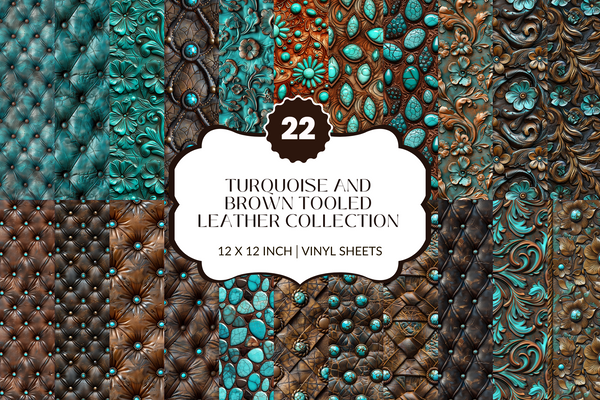 Turquoise and Brown Tooled Leather - Adhesive Vinyl 12x12 Sheets - 22 Design Options