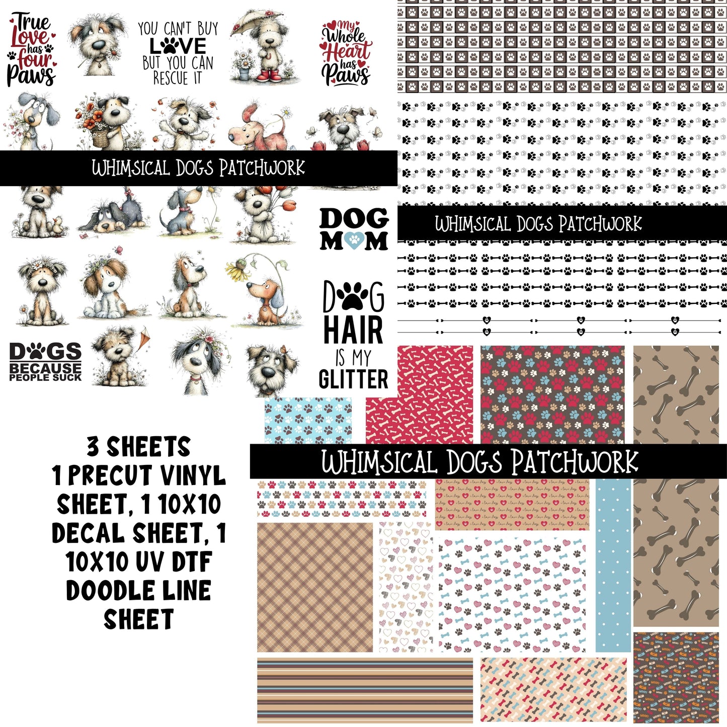 Whimsical Dogs Doodle Patchwork Set