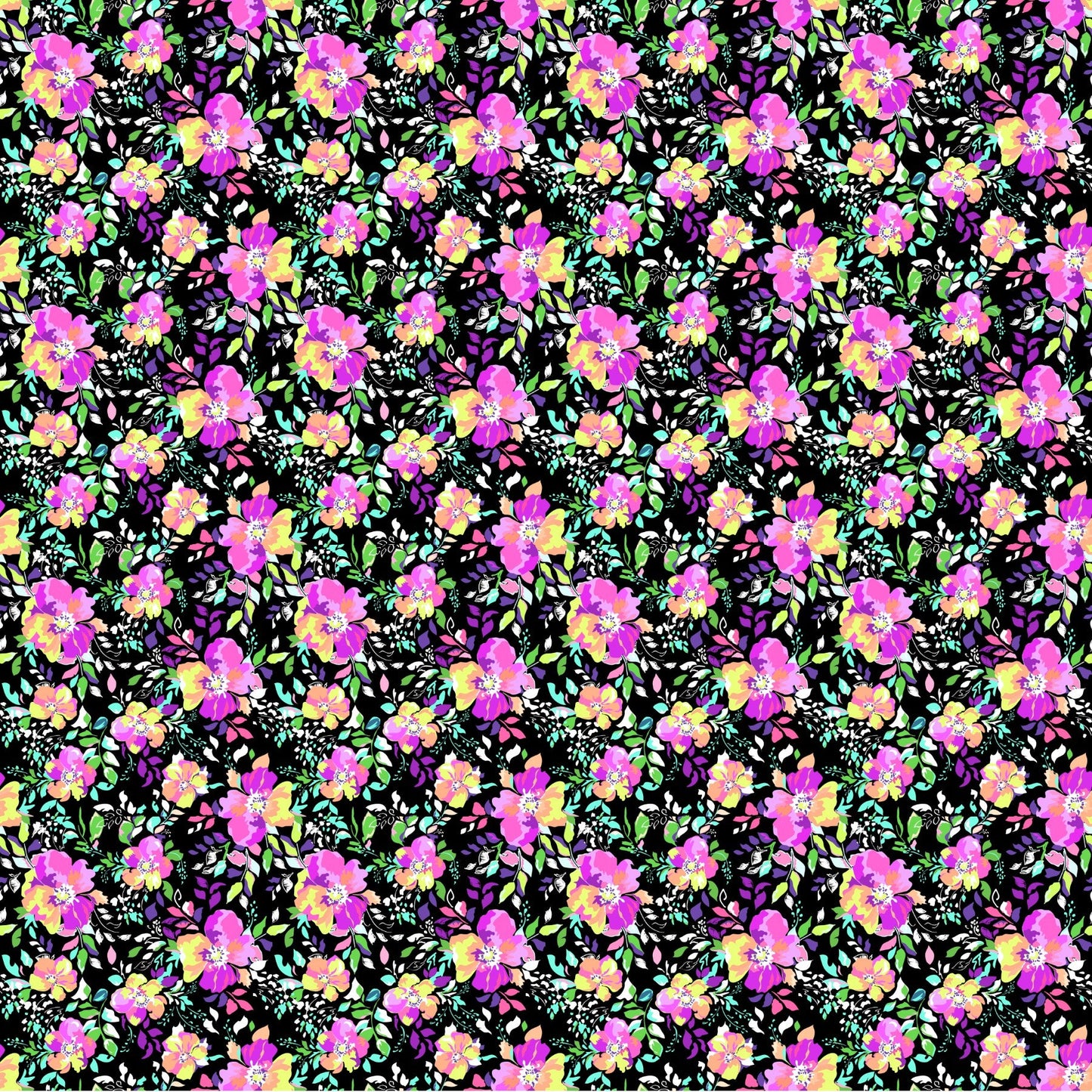 Neon Flowers On Black - Adhesive Vinyl Sheets