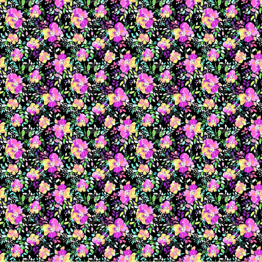 Neon Flowers On Black - Adhesive Vinyl Sheets