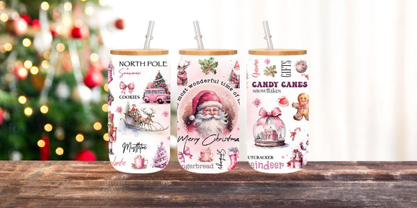 Pink Santa - UV DTF 16oz Libbey wrap