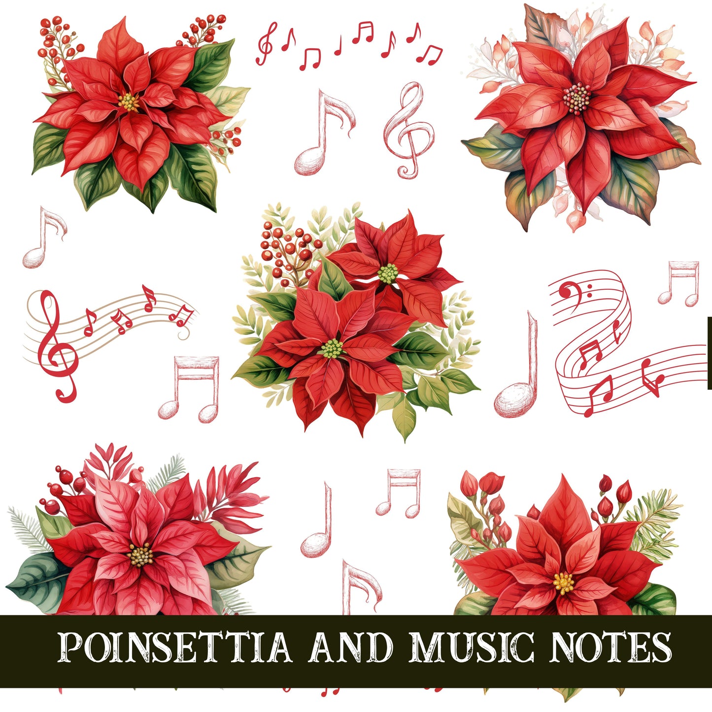 Poinsettia and music notes UV DTF Decal Sheets 2 color options