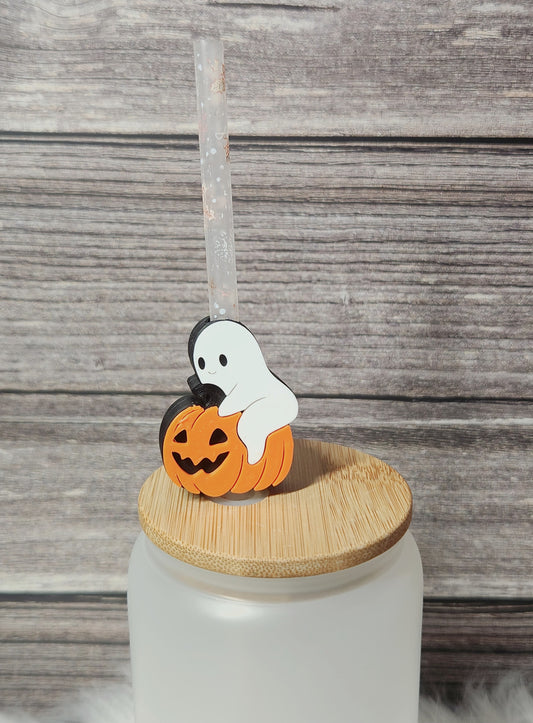 Ghost on a pumpkin- Straw topper (In Color)