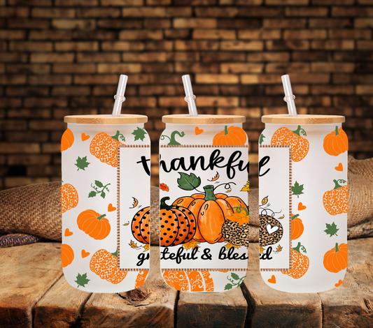 Thankful, Grateful, and Blessed 16oz UV DTF Libbey Wrap