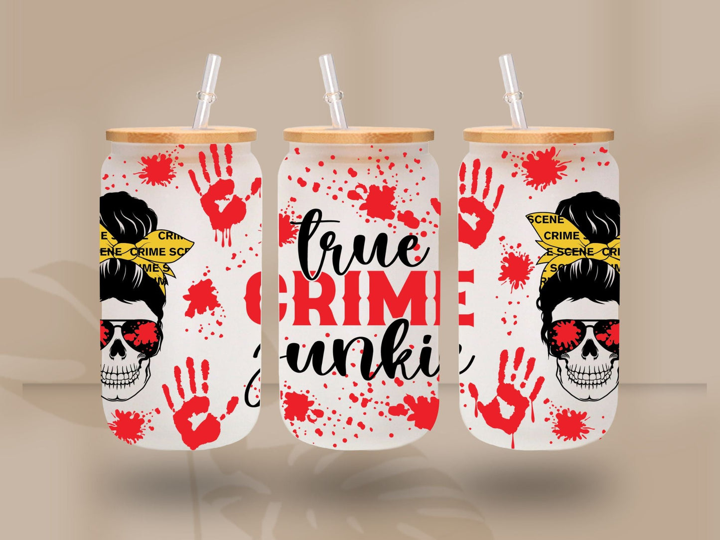 True crime Junkie UV DTF Libbey wrap