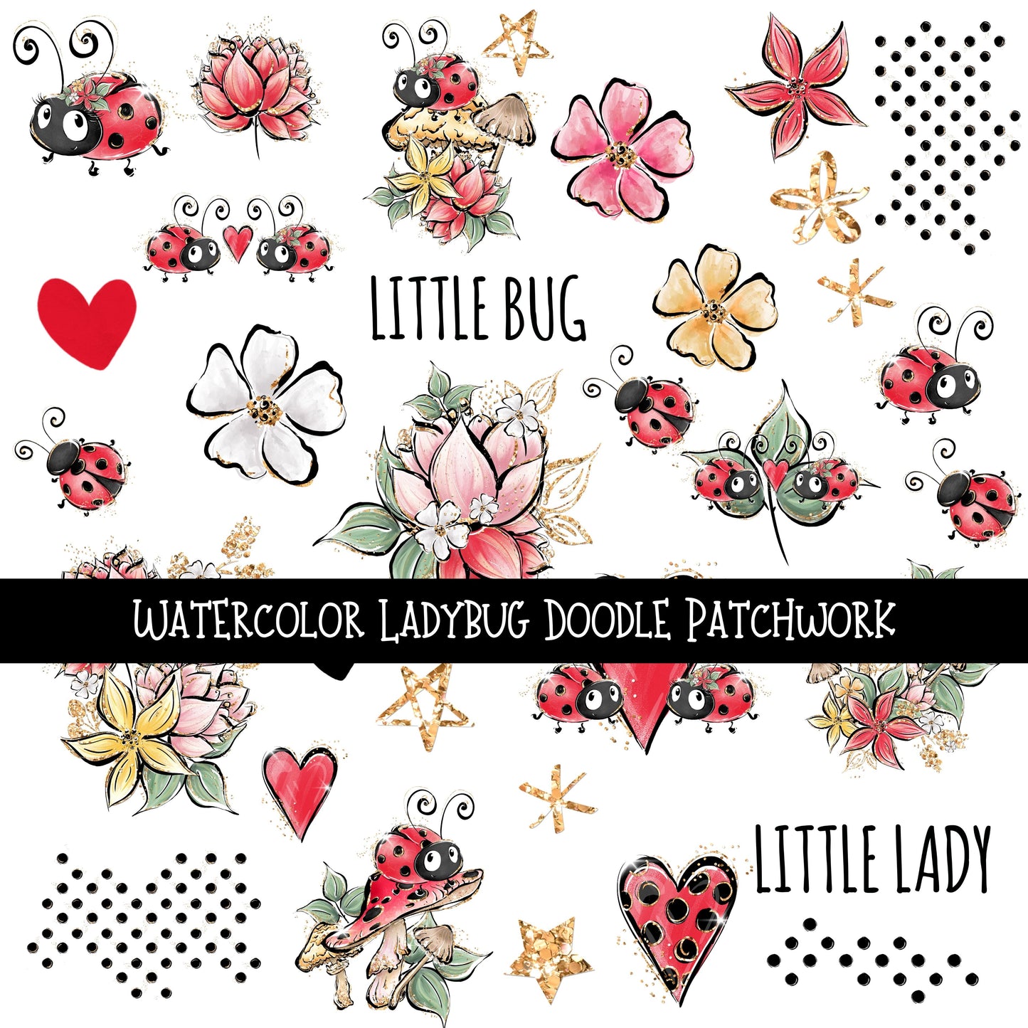 Watercolor Ladybug Doodle Patchwork Set