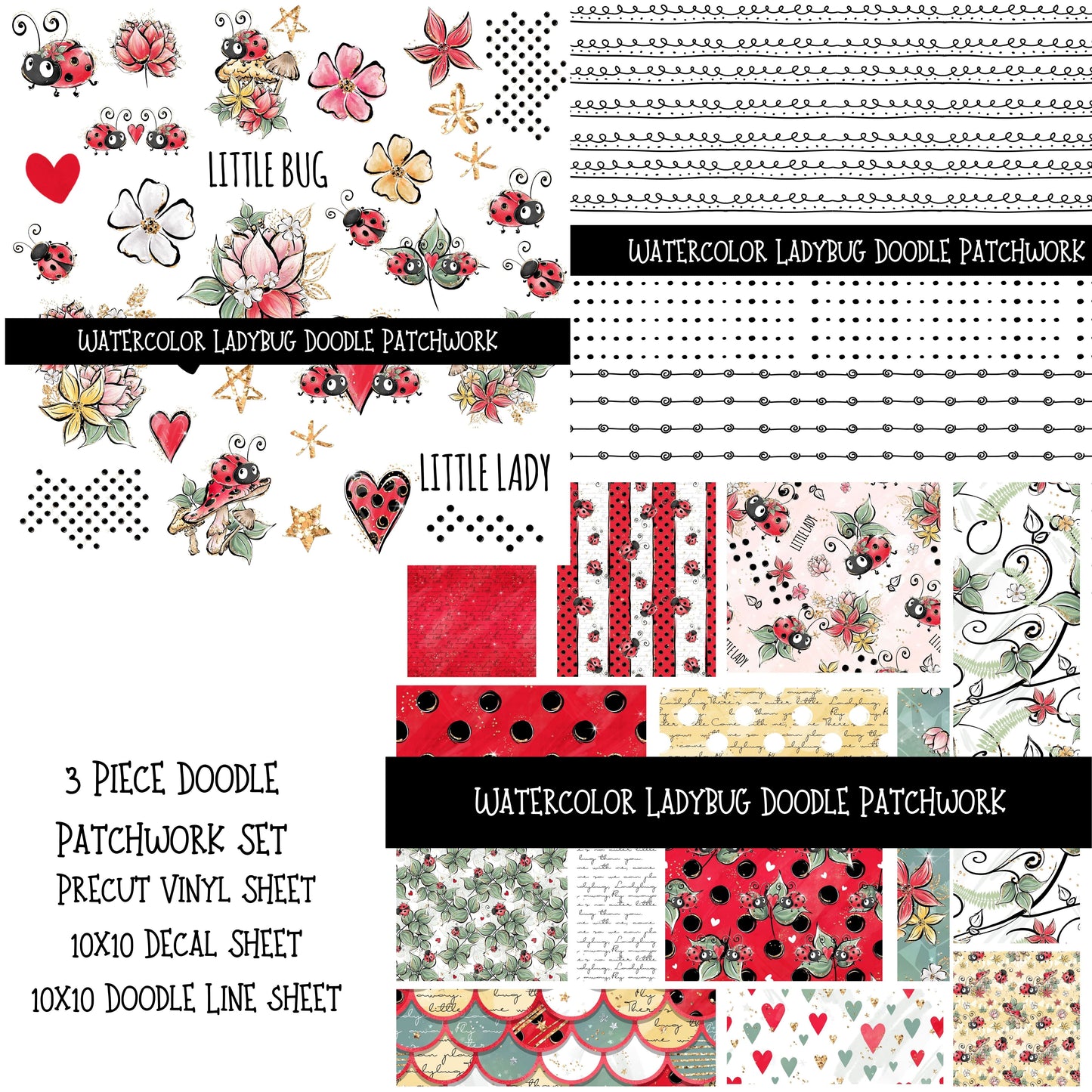 Watercolor Ladybug Doodle Patchwork Set