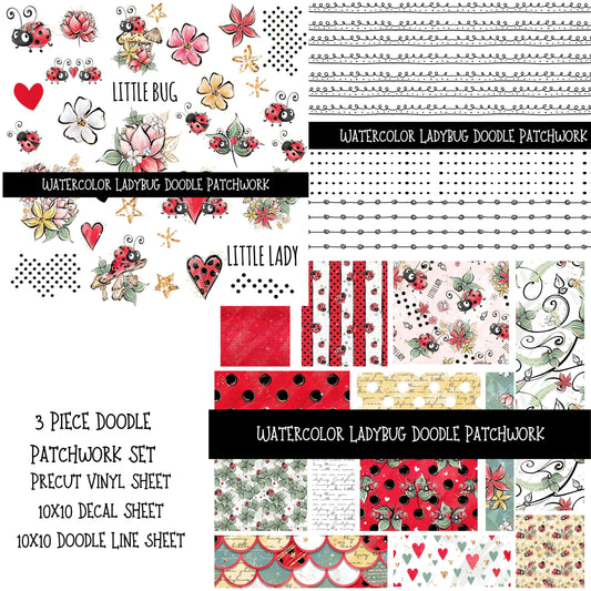 Watercolor Ladybug Doodle Patchwork Set