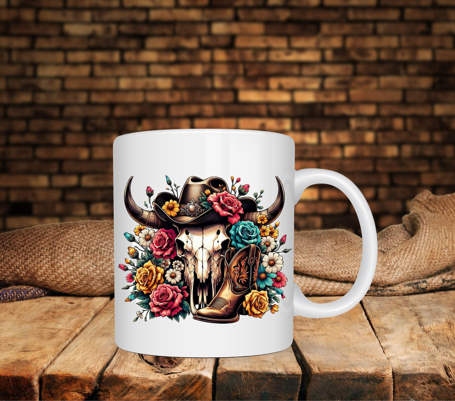 western bull skull, flowers and boot -UV DTF Decal