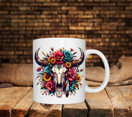 western bull skull with sunflowers - UV DTF Decal